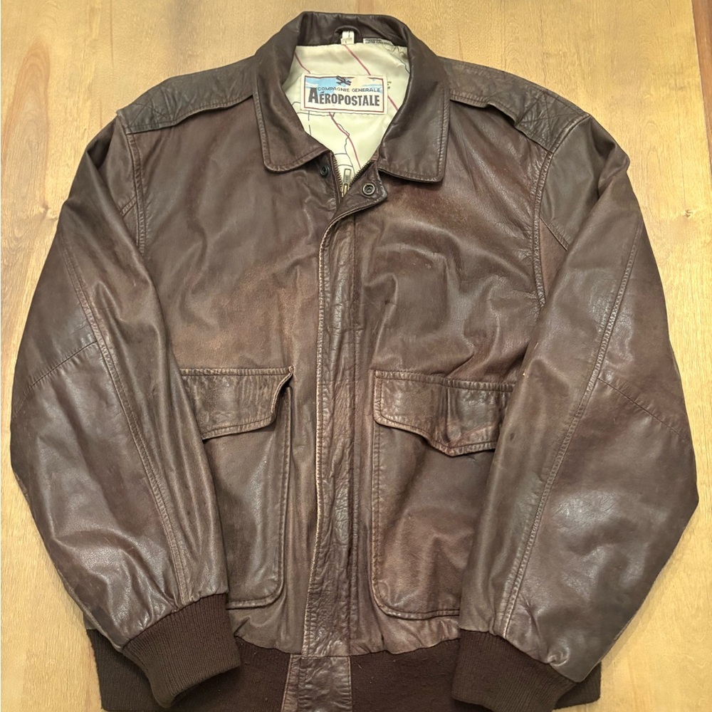 Aeropostale Men's “Compagnie Generale”A2 Dark Brown Leather Bomber Jacket